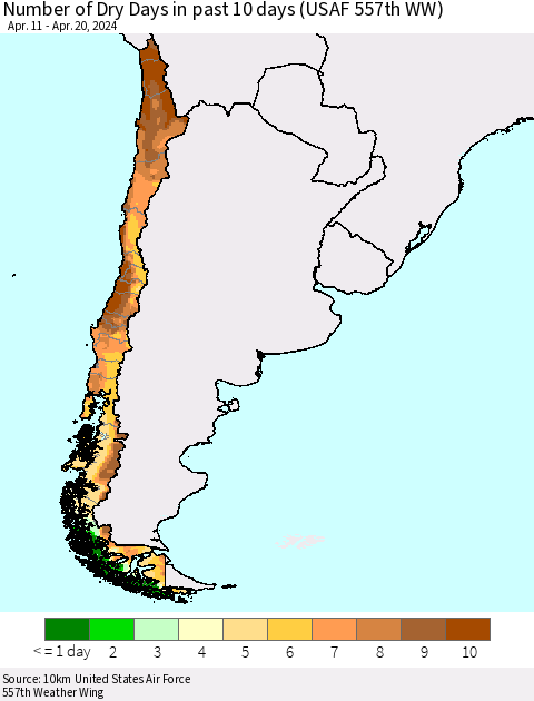 Chile Number of Dry Days in past 10 days (USAF 557th WW) Thematic Map For 4/16/2024 - 4/20/2024