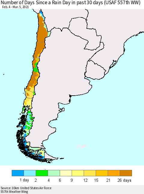 Chile Number of Days Since a Rain Day in past 30 days (USAF 557th WW) Thematic Map For 3/1/2021 - 3/5/2021