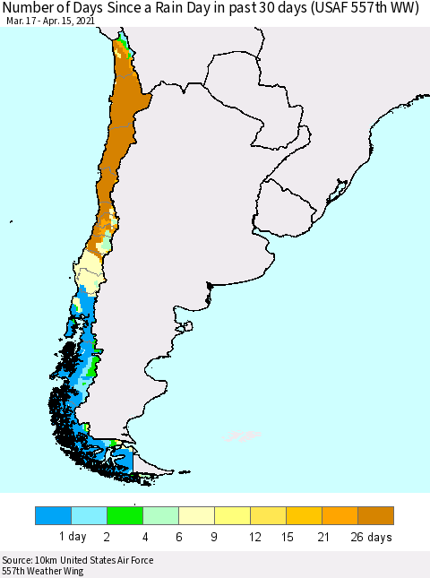 Chile Number of Days Since a Rain Day in past 30 days (USAF 557th WW) Thematic Map For 4/11/2021 - 4/15/2021