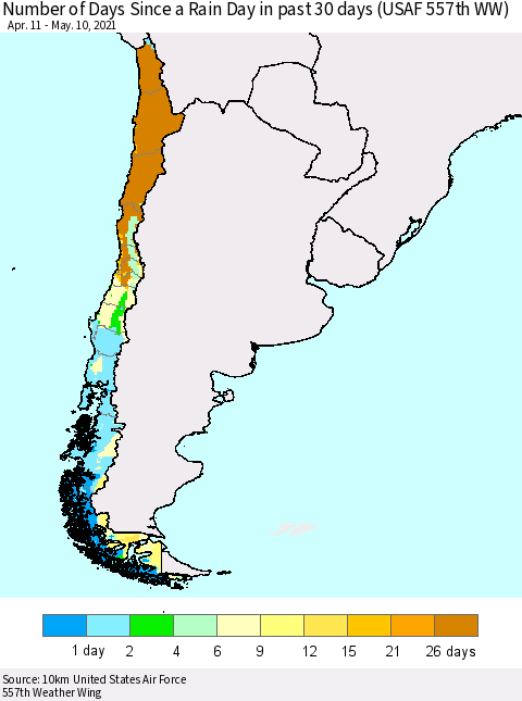 Chile Number of Days Since a Rain Day in past 30 days (USAF 557th WW) Thematic Map For 5/6/2021 - 5/10/2021