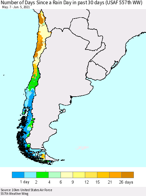 Chile Number of Days Since a Rain Day in past 30 days (USAF 557th WW) Thematic Map For 6/1/2021 - 6/5/2021