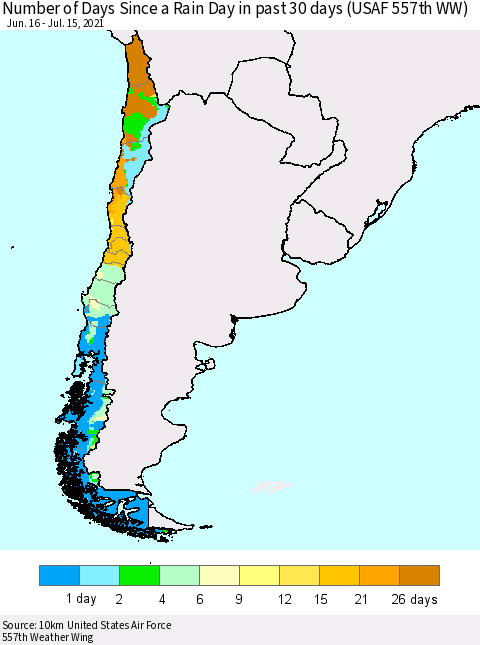 Chile Number of Days Since a Rain Day in past 30 days (USAF 557th WW) Thematic Map For 7/11/2021 - 7/15/2021
