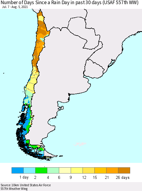 Chile Number of Days Since a Rain Day in past 30 days (USAF 557th WW) Thematic Map For 8/1/2021 - 8/5/2021