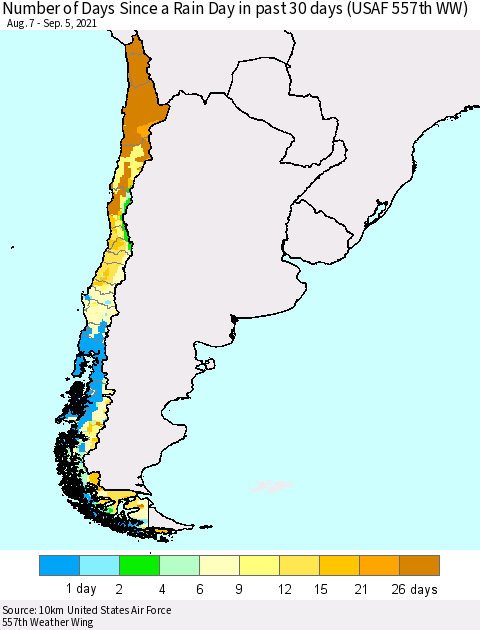 Chile Number of Days Since a Rain Day in past 30 days (USAF 557th WW) Thematic Map For 9/1/2021 - 9/5/2021