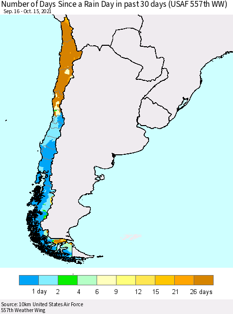 Chile Number of Days Since a Rain Day in past 30 days (USAF 557th WW) Thematic Map For 10/11/2021 - 10/15/2021