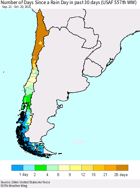 Chile Number of Days Since a Rain Day in past 30 days (USAF 557th WW) Thematic Map For 10/16/2021 - 10/20/2021