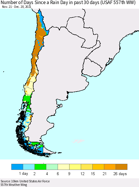 Chile Number of Days Since a Rain Day in past 30 days (USAF 557th WW) Thematic Map For 12/16/2021 - 12/20/2021