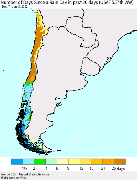Chile Number of Days Since a Rain Day in past 30 days (USAF 557th WW) Thematic Map For 1/1/2022 - 1/5/2022