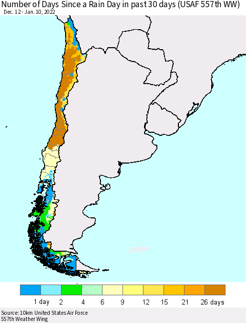 Chile Number of Days Since a Rain Day in past 30 days (USAF 557th WW) Thematic Map For 1/6/2022 - 1/10/2022