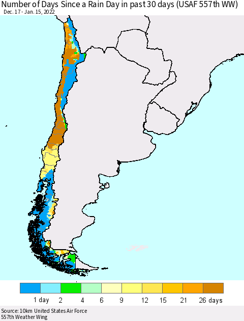 Chile Number of Days Since a Rain Day in past 30 days (USAF 557th WW) Thematic Map For 1/11/2022 - 1/15/2022