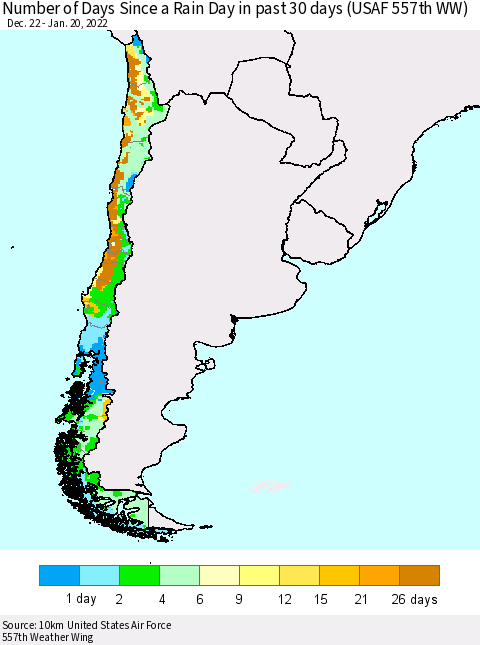 Chile Number of Days Since a Rain Day in past 30 days (USAF 557th WW) Thematic Map For 1/16/2022 - 1/20/2022