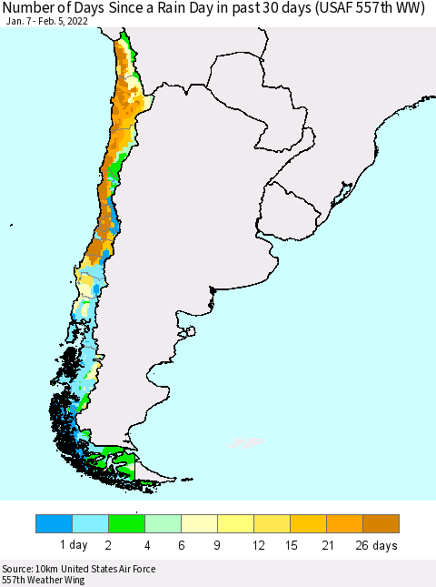 Chile Number of Days Since a Rain Day in past 30 days (USAF 557th WW) Thematic Map For 2/1/2022 - 2/5/2022