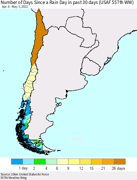Chile Number of Days Since a Rain Day in past 30 days (USAF 557th WW) Thematic Map For 5/1/2022 - 5/5/2022