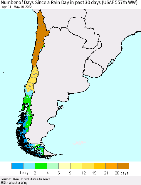 Chile Number of Days Since a Rain Day in past 30 days (USAF 557th WW) Thematic Map For 5/6/2022 - 5/10/2022