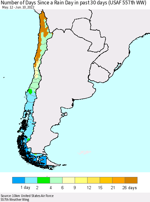 Chile Number of Days Since a Rain Day in past 30 days (USAF 557th WW) Thematic Map For 6/6/2022 - 6/10/2022