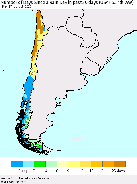 Chile Number of Days Since a Rain Day in past 30 days (USAF 557th WW) Thematic Map For 6/11/2022 - 6/15/2022