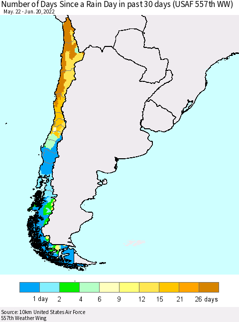 Chile Number of Days Since a Rain Day in past 30 days (USAF 557th WW) Thematic Map For 6/16/2022 - 6/20/2022