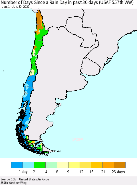 Chile Number of Days Since a Rain Day in past 30 days (USAF 557th WW) Thematic Map For 6/26/2022 - 6/30/2022