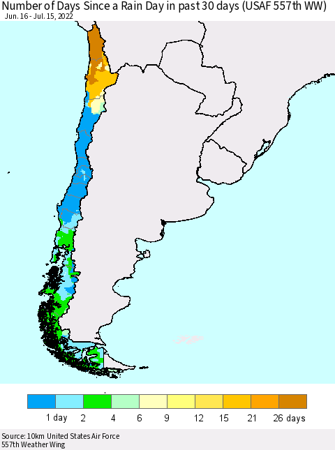 Chile Number of Days Since a Rain Day in past 30 days (USAF 557th WW) Thematic Map For 7/11/2022 - 7/15/2022