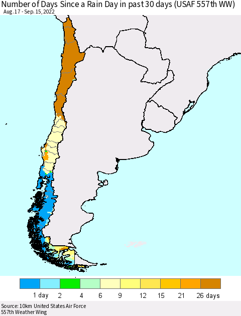Chile Number of Days Since a Rain Day in past 30 days (USAF 557th WW) Thematic Map For 9/11/2022 - 9/15/2022