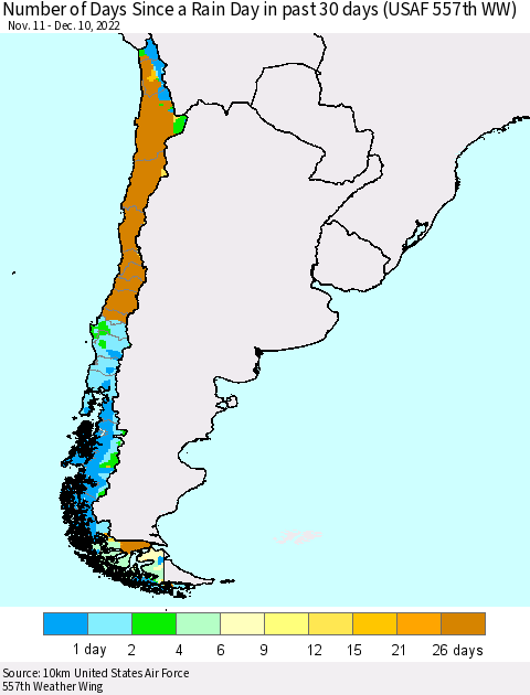 Chile Number of Days Since a Rain Day in past 30 days (USAF 557th WW) Thematic Map For 12/6/2022 - 12/10/2022