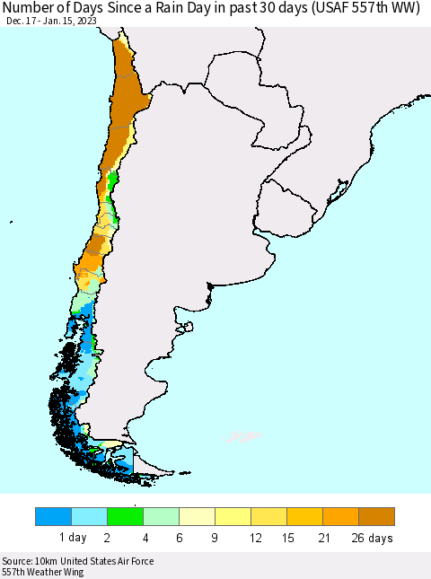Chile Number of Days Since a Rain Day in past 30 days (USAF 557th WW) Thematic Map For 1/11/2023 - 1/15/2023