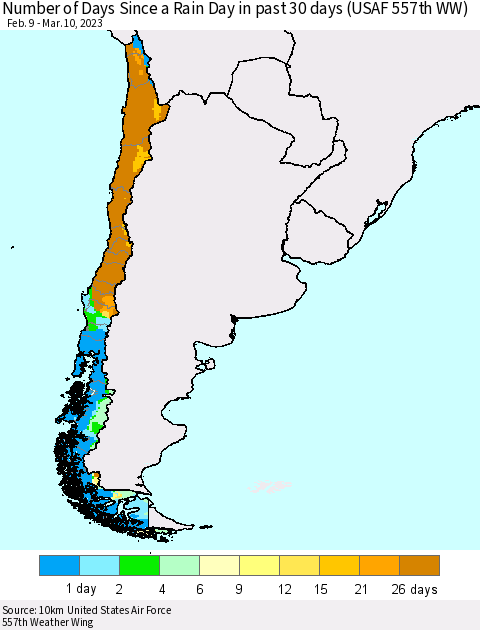 Chile Number of Days Since a Rain Day in past 30 days (USAF 557th WW) Thematic Map For 3/6/2023 - 3/10/2023
