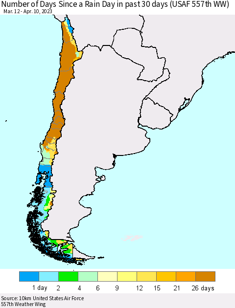 Chile Number of Days Since a Rain Day in past 30 days (USAF 557th WW) Thematic Map For 4/6/2023 - 4/10/2023