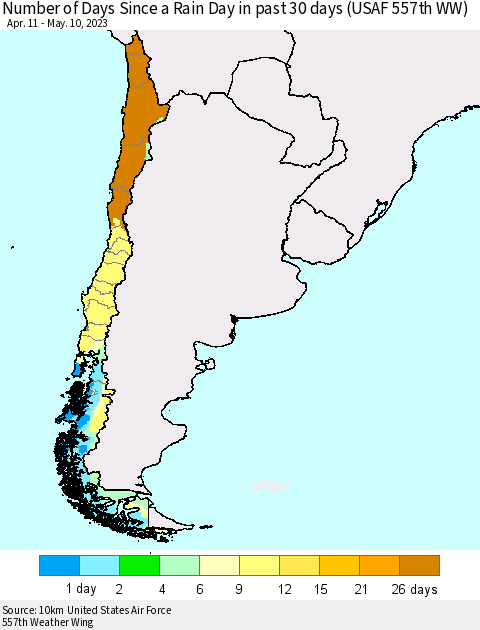 Chile Number of Days Since a Rain Day in past 30 days (USAF 557th WW) Thematic Map For 5/6/2023 - 5/10/2023