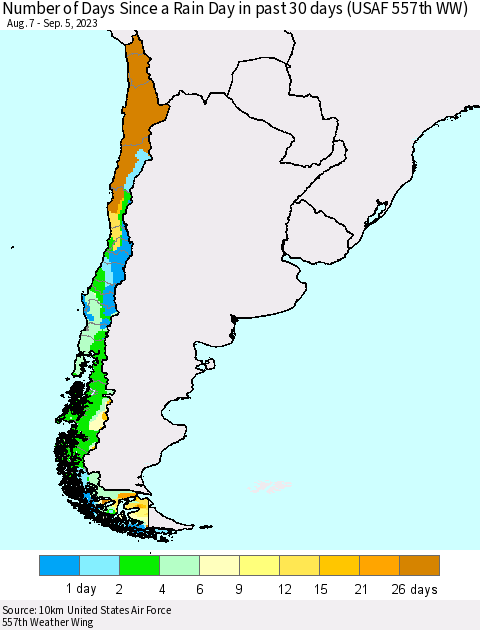 Chile Number of Days Since a Rain Day in past 30 days (USAF 557th WW) Thematic Map For 9/1/2023 - 9/5/2023