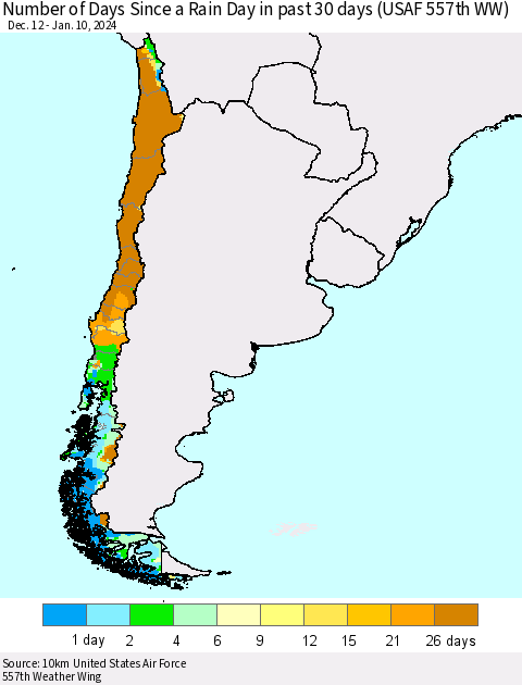 Chile Number of Days Since a Rain Day in past 30 days (USAF 557th WW) Thematic Map For 1/6/2024 - 1/10/2024