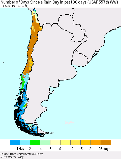 Chile Number of Days Since a Rain Day in past 30 days (USAF 557th WW) Thematic Map For 3/6/2024 - 3/10/2024