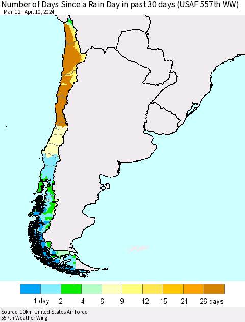 Chile Number of Days Since a Rain Day in past 30 days (USAF 557th WW) Thematic Map For 4/6/2024 - 4/10/2024