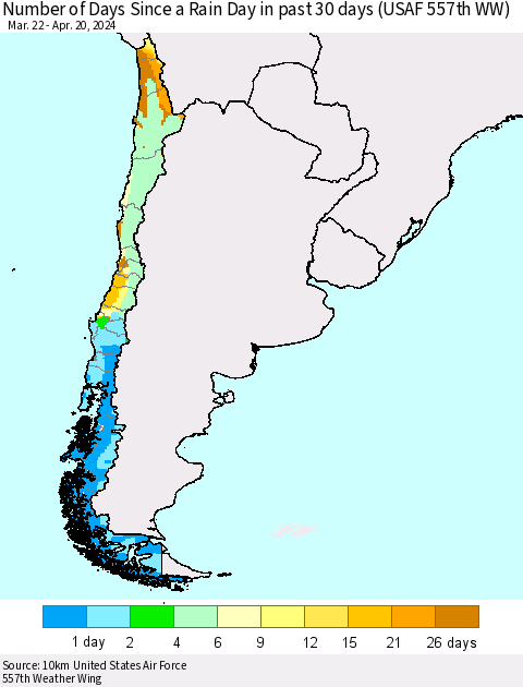 Chile Number of Days Since a Rain Day in past 30 days (USAF 557th WW) Thematic Map For 4/16/2024 - 4/20/2024