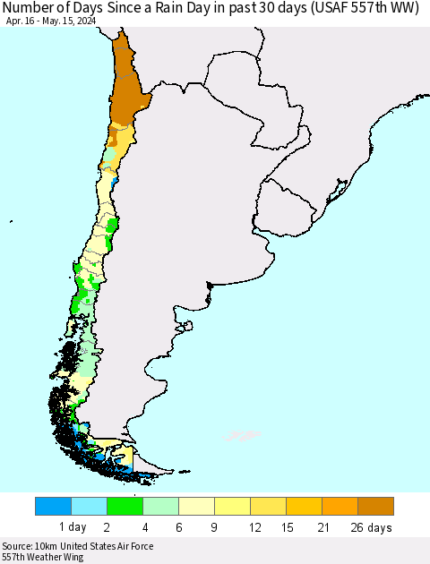 Chile Number of Days Since a Rain Day in past 30 days (USAF 557th WW) Thematic Map For 5/11/2024 - 5/15/2024