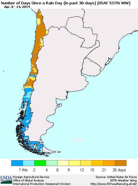 Chile Number of Days Since a Rain Day in past 30 days (USAF 557th WW) Thematic Map For 4/8/2019 - 4/14/2019