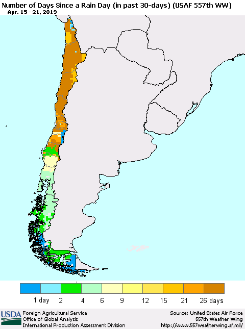 Chile Number of Days Since a Rain Day in past 30 days (USAF 557th WW) Thematic Map For 4/15/2019 - 4/21/2019