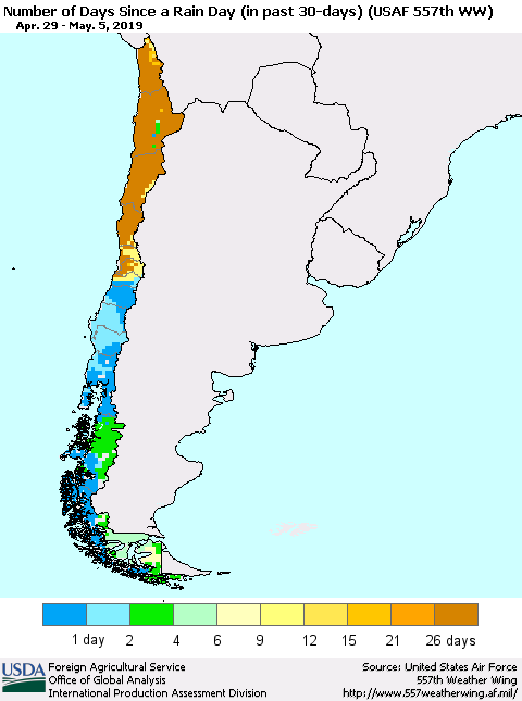 Chile Number of Days Since a Rain Day in past 30 days (USAF 557th WW) Thematic Map For 4/29/2019 - 5/5/2019