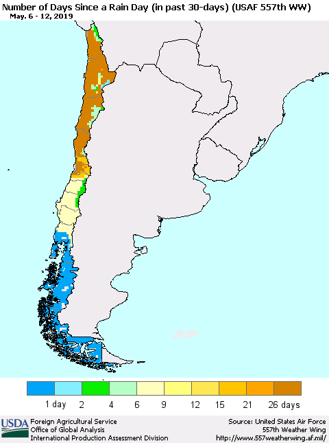Chile Number of Days Since a Rain Day in past 30 days (USAF 557th WW) Thematic Map For 5/6/2019 - 5/12/2019