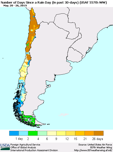 Chile Number of Days Since a Rain Day in past 30 days (USAF 557th WW) Thematic Map For 5/20/2019 - 5/26/2019