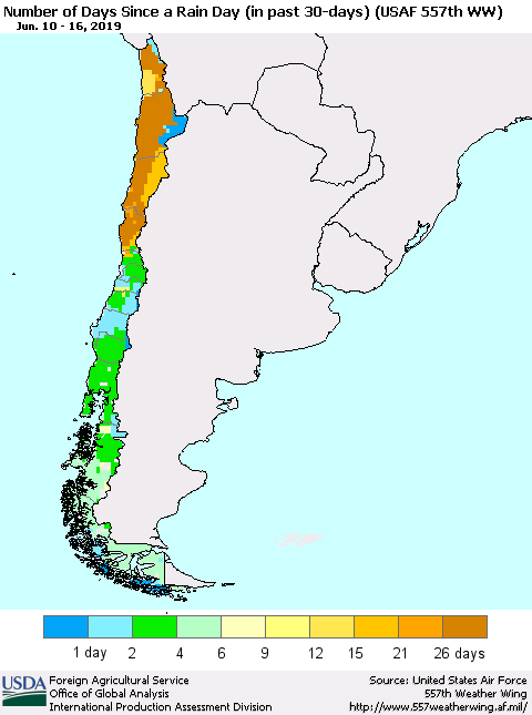 Chile Number of Days Since a Rain Day in past 30 days (USAF 557th WW) Thematic Map For 6/10/2019 - 6/16/2019