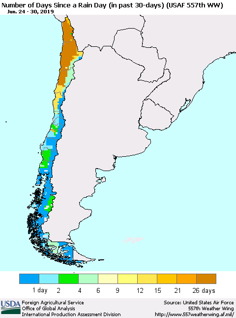 Chile Number of Days Since a Rain Day in past 30 days (USAF 557th WW) Thematic Map For 6/24/2019 - 6/30/2019