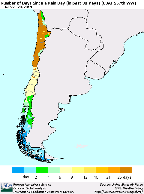 Chile Number of Days Since a Rain Day in past 30 days (USAF 557th WW) Thematic Map For 7/22/2019 - 7/28/2019