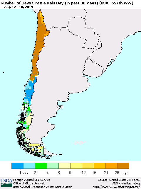 Chile Number of Days Since a Rain Day in past 30 days (USAF 557th WW) Thematic Map For 8/12/2019 - 8/18/2019