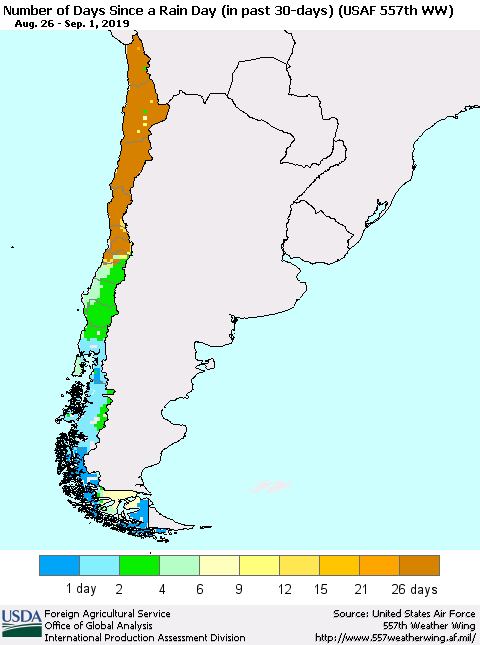 Chile Number of Days Since a Rain Day in past 30 days (USAF 557th WW) Thematic Map For 8/26/2019 - 9/1/2019