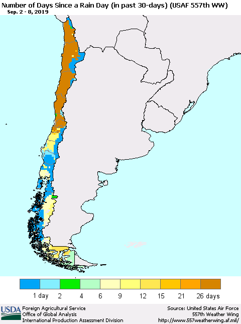 Chile Number of Days Since a Rain Day in past 30 days (USAF 557th WW) Thematic Map For 9/2/2019 - 9/8/2019