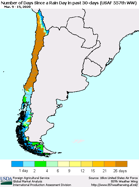 Chile Number of Days Since a Rain Day in past 30 days (USAF 557th WW) Thematic Map For 3/9/2020 - 3/15/2020