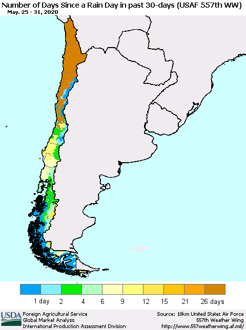 Chile Number of Days Since a Rain Day in past 30 days (USAF 557th WW) Thematic Map For 5/25/2020 - 5/31/2020