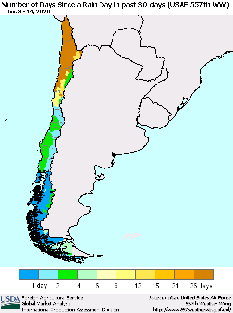 Chile Number of Days Since a Rain Day in past 30 days (USAF 557th WW) Thematic Map For 6/8/2020 - 6/14/2020
