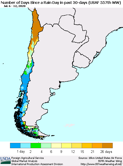 Chile Number of Days Since a Rain Day in past 30 days (USAF 557th WW) Thematic Map For 7/6/2020 - 7/12/2020